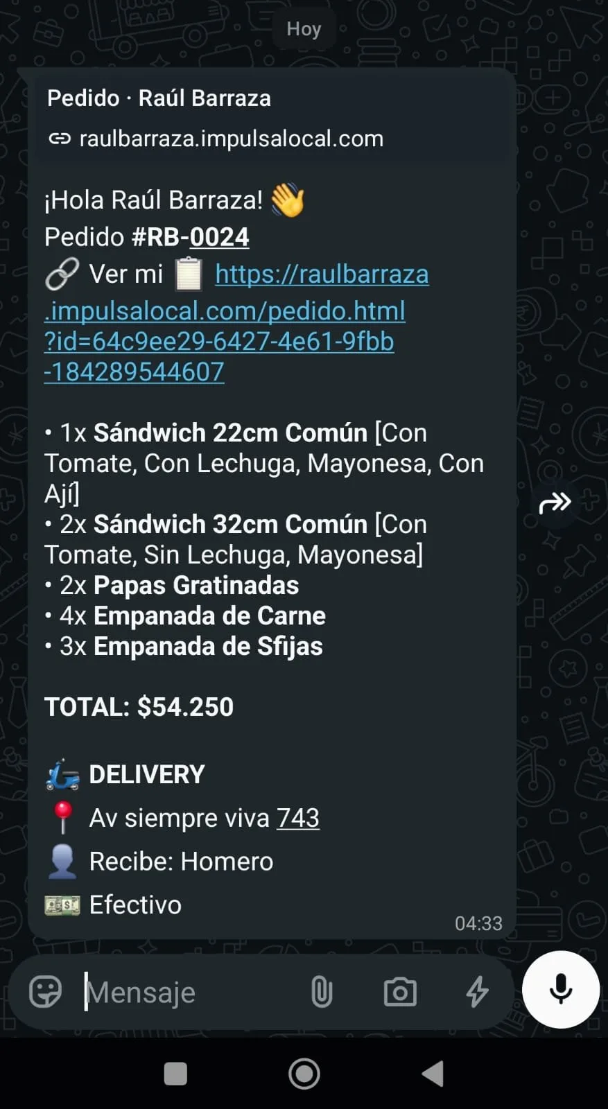Pedido en WhatsApp con link de verificación